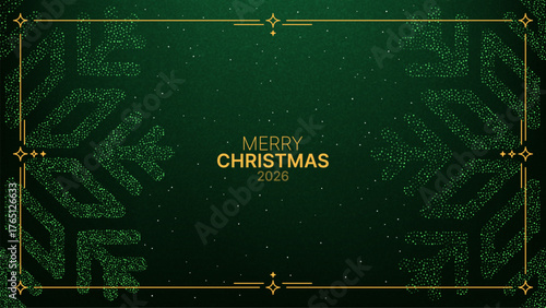 Green Christmas banner with snowflake dots decoration and gold frame for holiday greeting card or festive background in 2026.
