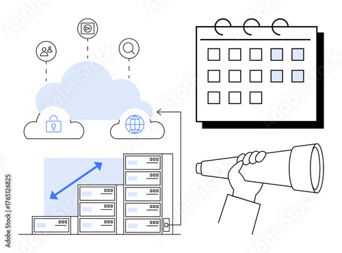 Cloud connected to data servers, calendar for planning, hand holding telescope for vision. Ideal for technology, strategy, scheduling, data sharing, future planning security global reach. Simple