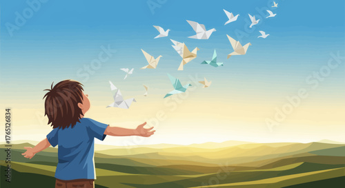 Young boy releasing doves into the vast open sky symbolizing freedom and hope.