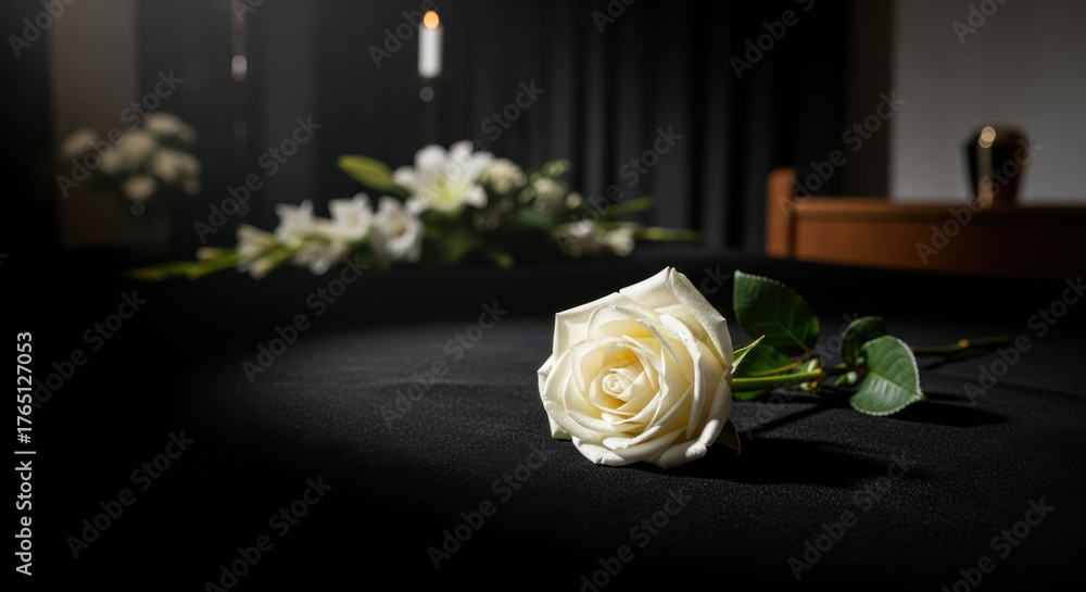 Obraz premium White rose on black surface for respectful funeral background with candle and floral composition