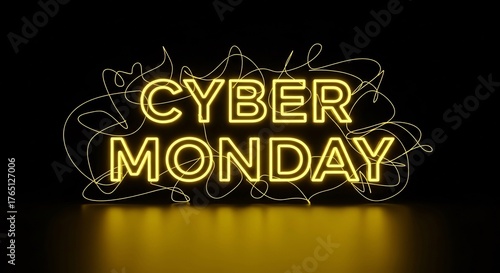 Eye-catching Cyber Monday sale graphic for online ads, emails. Bold neon glow, chaotic line art. Drives seasonal campaigns, retail tech promotions, digital shopping.