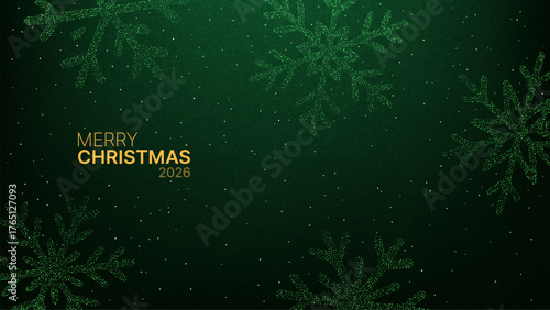 Merry Christmas 2026 greeting text with glitter snowflakes on a subtle dark green background for holiday banner or card design.