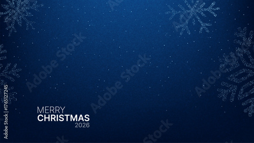 Blue background with glitter snowflake and Merry Christmas 2026 text. Festive greeting card design for winter season holiday celebration.