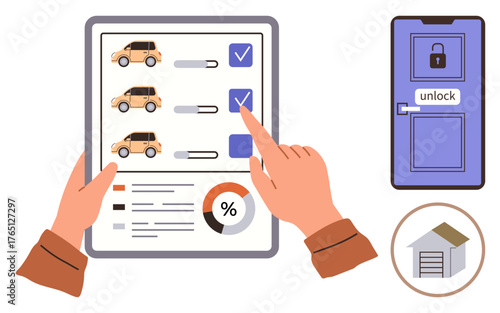 Car checklist with selection process, hand interacting with choices, lockable door with unlock feature, garage symbol. Ideal for car rental, security, automation, decision-making, logistics