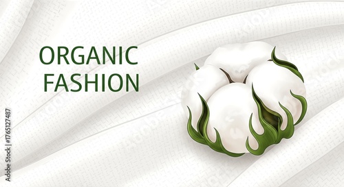 Organic Fashion Concept with Cotton Boll on White Fabric Background.