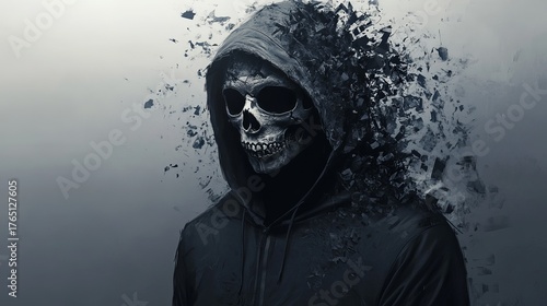Ethereal skeletal figure in hooded garment dissolves into fragmented digital particles against a moody, abstract backdrop