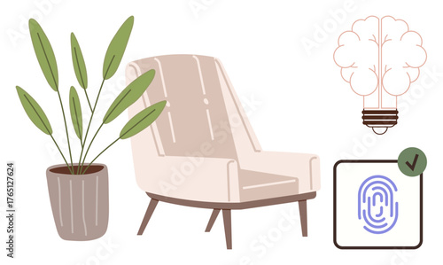Armchair paired with a leafy plant in a pot, creative bulb outline, and fingerprint verification mark. Ideal for innovation, technology, security, comfort, creativity, eco-friendly living and modern