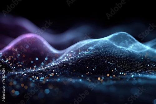 Abstract network of glowing dots, light purple and blue waves. Ideal for tech, science, or futuristic design project needs.