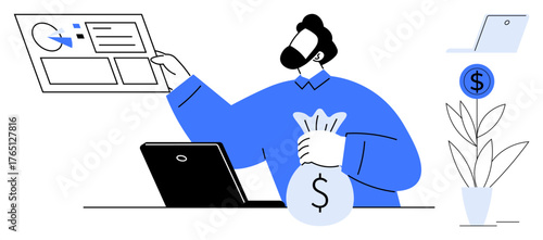 Man holding a money bag while analyzing financial data on a chart beside a laptop. Ideal for finance management, investment planning, business growth, data study, economic trends, entrepreneurship