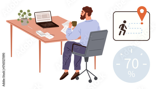 Man seated at desk with laptop, papers, and coffee, analyzing data. Wall with progress tracking and location marker. Ideal for productivity, workflow, data analysis, remote work goal setting