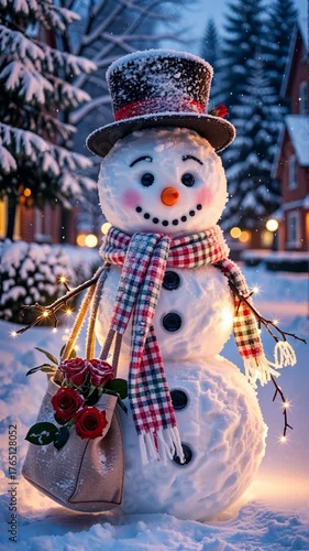 A beautiful 5-second winter video capturing a snowman in slow motion as snowflakes swirl and golden lights shimmer behind, evoking the magic of the holiday season.