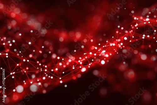 Red plexus structure, connections between white dots, shallow depth. Ideal for a technology, science, or communication presentation background.