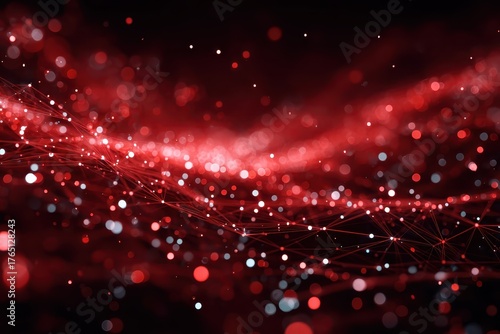 Abstract red network of light particles against a dark background. Ideal for illustrating data, technology, or futuristic concepts.