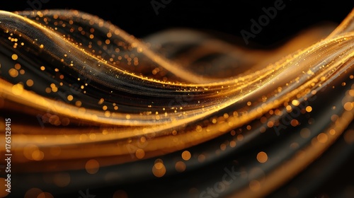 Black waves with gold glittering lights on dark background. Great for backgrounds or futuristic abstract projects.