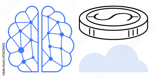 Brain-shaped neural network connected by nodes, stack of money coin, and cloud graphic abstraction. Ideal for AI, technology, innovation, finance, cloud computing, data network and digital