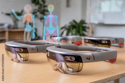 Cutting-edge augmented reality glasses demonstrating holographic human anatomy applications enhancing medical education in a stylish technology workspace captured with clarity
