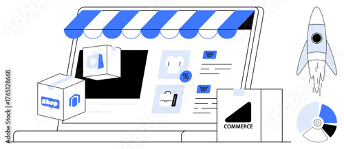 Online shop with storefront, package, cart buttons, discount tag, and delivery rocket. Ideal for e-commerce, digital marketing, retail growth, startup launch analytics innovation simple flat