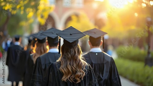 Graduating Students in Academic Regalia Walking Towards Golden Sunset on Campus Pathway