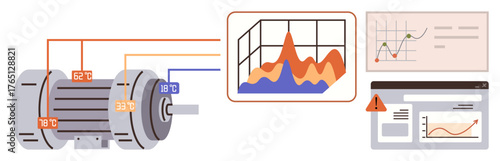 Electrical motor system with temperature readings, charts showing performance analysis, warning alert, data dashboard. Ideal for automation, IoT, monitoring, industry, analytics safety simple flat