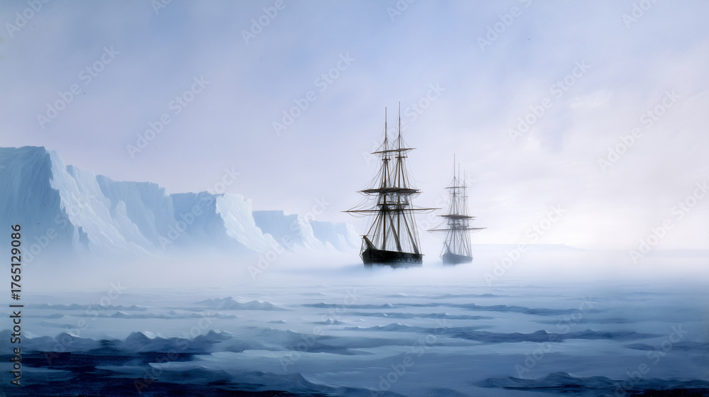 Obraz premium The iconic voyage of James Clark Ross (1839-1843) aboard HMS Erebus and HMS Terror, discovering the Ross Sea and the Ross Ice Shelf. Keywords: Antarctica, Ross expedition, 1840s, i