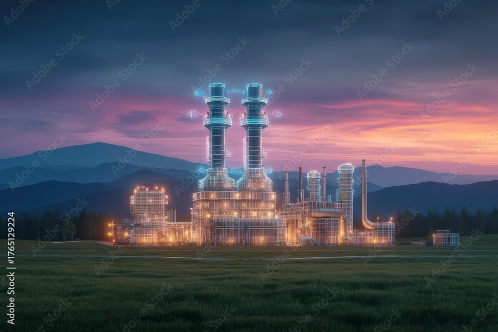 Fototapeta premium A stunning modern power plant amidst natural landscape illuminated by advanced technologies showcasing innovation in energy production and sustainability in a serene environment