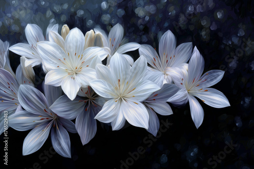 Oil painting of a luminous bouquet of white lilies on a dark, dreamy background