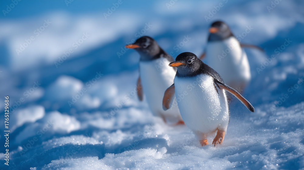 Fototapeta premium Three gentoo penguins walking on snowy Antarctic shore near Vernadsky Research Base, symbol of wildlife and exploration antarctica, penguins, gentoo, vernadsky, ukraine, expedition
