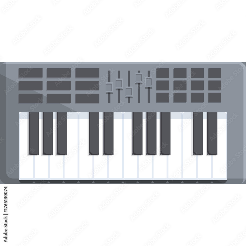 Obraz premium Gray Electronic Keyboard With White And Black Keys And Silver Sliders For Music Production In A Studio Or Home Setting