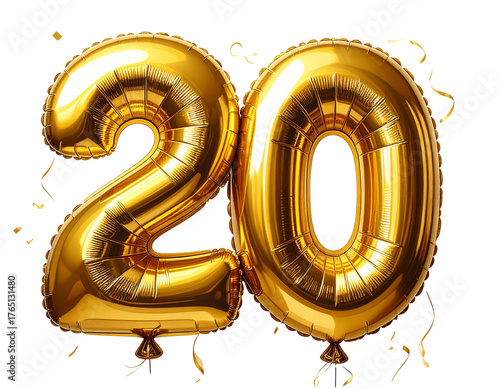 Number 20 golden balloons numbers. Happy birthday, isolated on a transparent background.