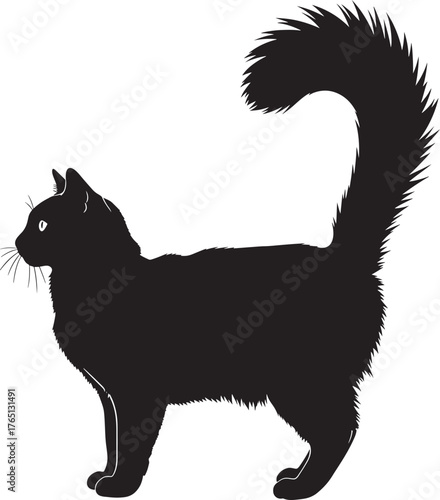Majestic fluffy cat silhouette elegant feline design graphic pet animal profile art cute domestic creature standing with bushy tail perfect for creative projects and playful themes