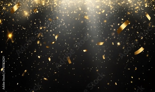 Golden confetti ribbons and shimmering dust falling against a dark, elegant background