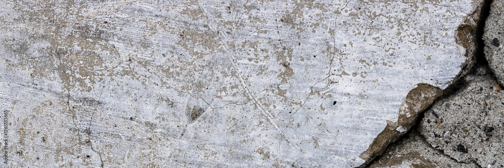 Naklejka premium Texture of old cracked concrete wall. Rough gray concrete surface. Wide panoramic background for design.