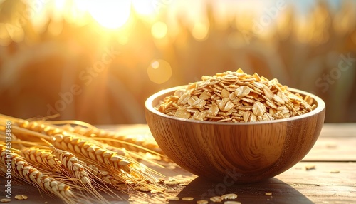 Oat flakes in a bowl with wheat ears on a wooden table in the morning