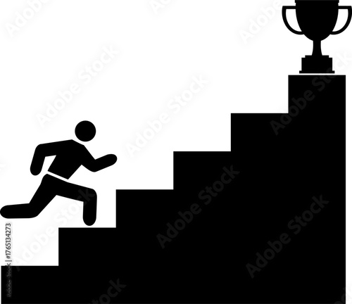 A man was running up the stairs to get a trophy, depicting a hard and never-give-up effort to achieve a target or become a winner.