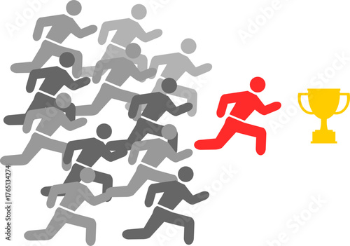 Many people ran to get the trophy, depicting the fierce competition to be the winner.  There is one person who is the fastest and will most likely be the winner.