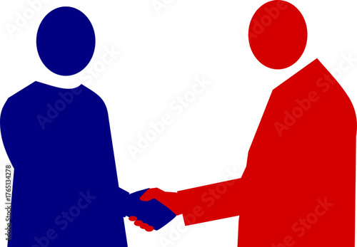 Two people shake hands, signifies agreement, cooperation, congratulations, agreement or friendship.