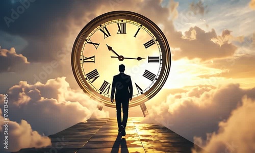 Man Walking Toward Giant Clock Above Clouds During Golden Hour Sunset