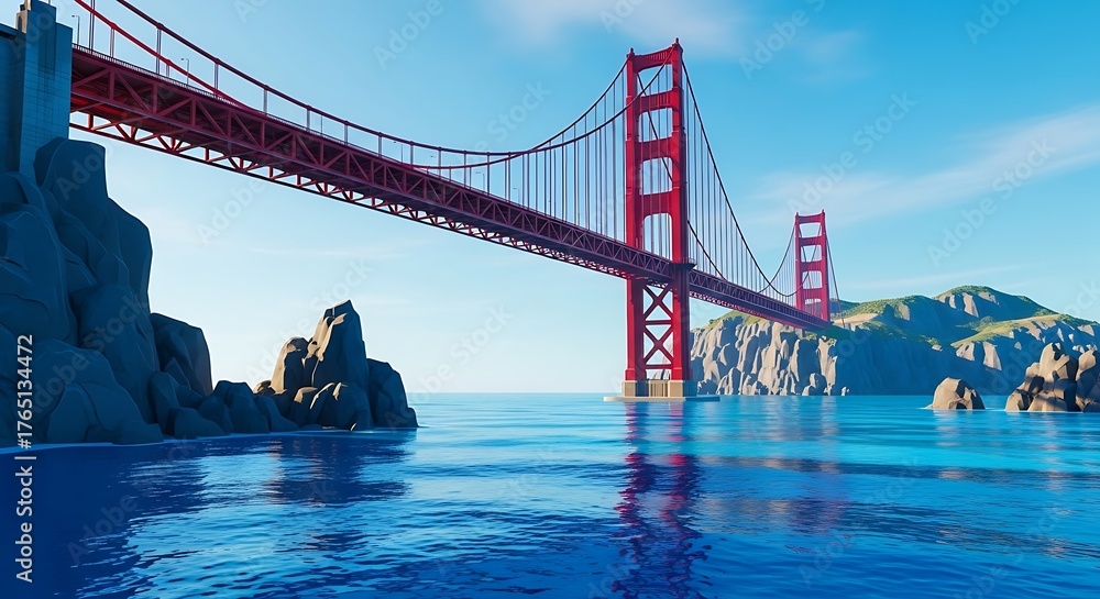 Fototapeta premium Vibrant Red Suspension Bridge Spanning Blue Waters with Rocky Shorelines and Clear Sky.
