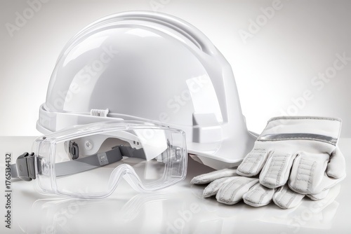Essential personal protective equipment comprising a white hard hat clear safety goggles and durable gloves emphasizing workplace safety standards and health regulations