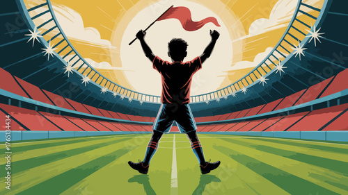 Illustration of a triumphant fan celebrating with a flag on the field of a vast, sunlit stadium.