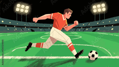 A stylized illustration of a soccer player in a red jersey and white shorts kicking a ball on a green field under stadium lights.