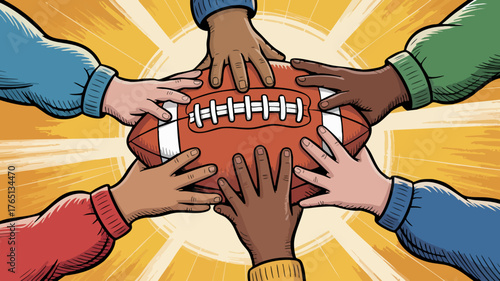 Diverse hands from different people unite around a football, symbolizing teamwork and inclusivity in sports.