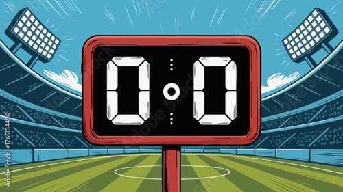Illustration of a soccer scoreboard showing a 0-0 tie in a stadium.