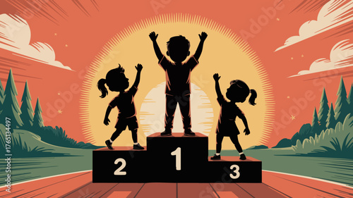 Silhouettes of three children celebrating victory on a podium at sunset, with the first-place child raising arms in triumph.
