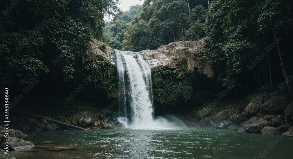 Fototapeta premium Cascade of white water rushing down rocks into lush green pool beneath