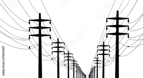 Electric power line poles silhouette vector illustration showing perspective view of utility cables and energy transmission infrastructure design concept