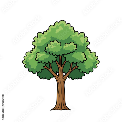 Color vector illustration of a leafy green tree with brown trunk and dense foliage. Perfect for eco design, nature themes, forest graphics, and environmental education materials