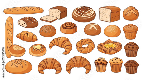A delicious assortment of freshly baked bread, pastries, and muffins