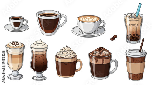 A Delightful Assortment of Hand-Drawn Coffee Drinks Exploring Hot and Cold Brews, Lattes, and Espressos