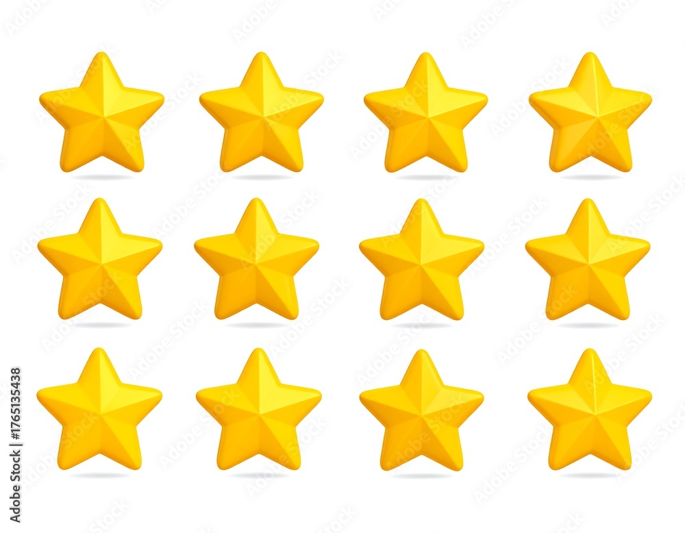 Fototapeta premium Collection of stylized, golden, five-pointed stars on a plain white backdrop